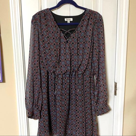 OLSENBOYE Dress Size Large Blue  Red Geometric Print V-Neck Long Sleeve Lined - Picture 6 of 11